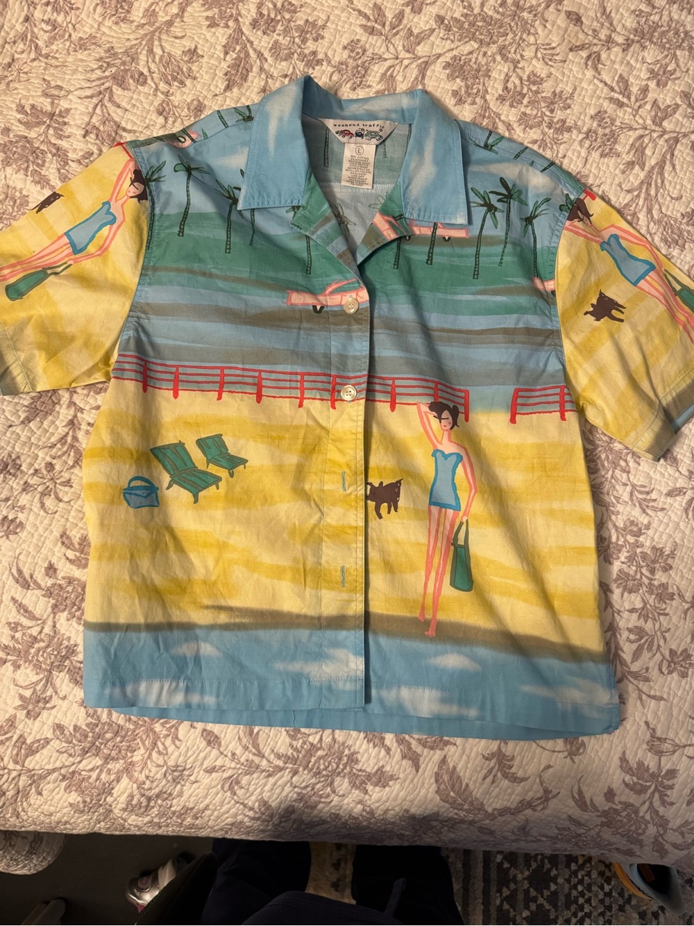 Men's Short-Sleeve Beach Scene Button-Down Shirt - Blue & Yellow